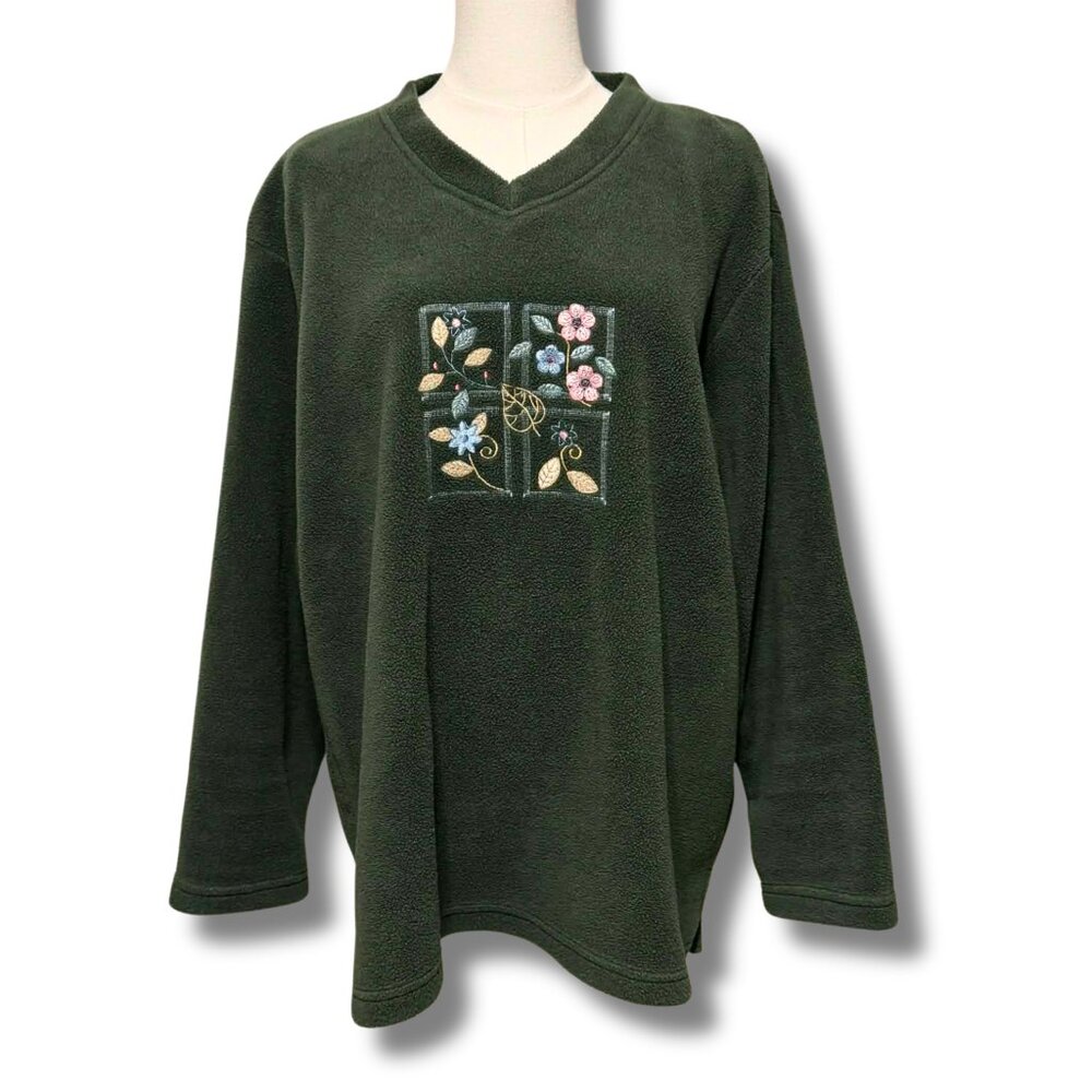 Vintage Bonnie Evans Green Embroidered V-Neck Fleece Pullover Top | Y2K Size L